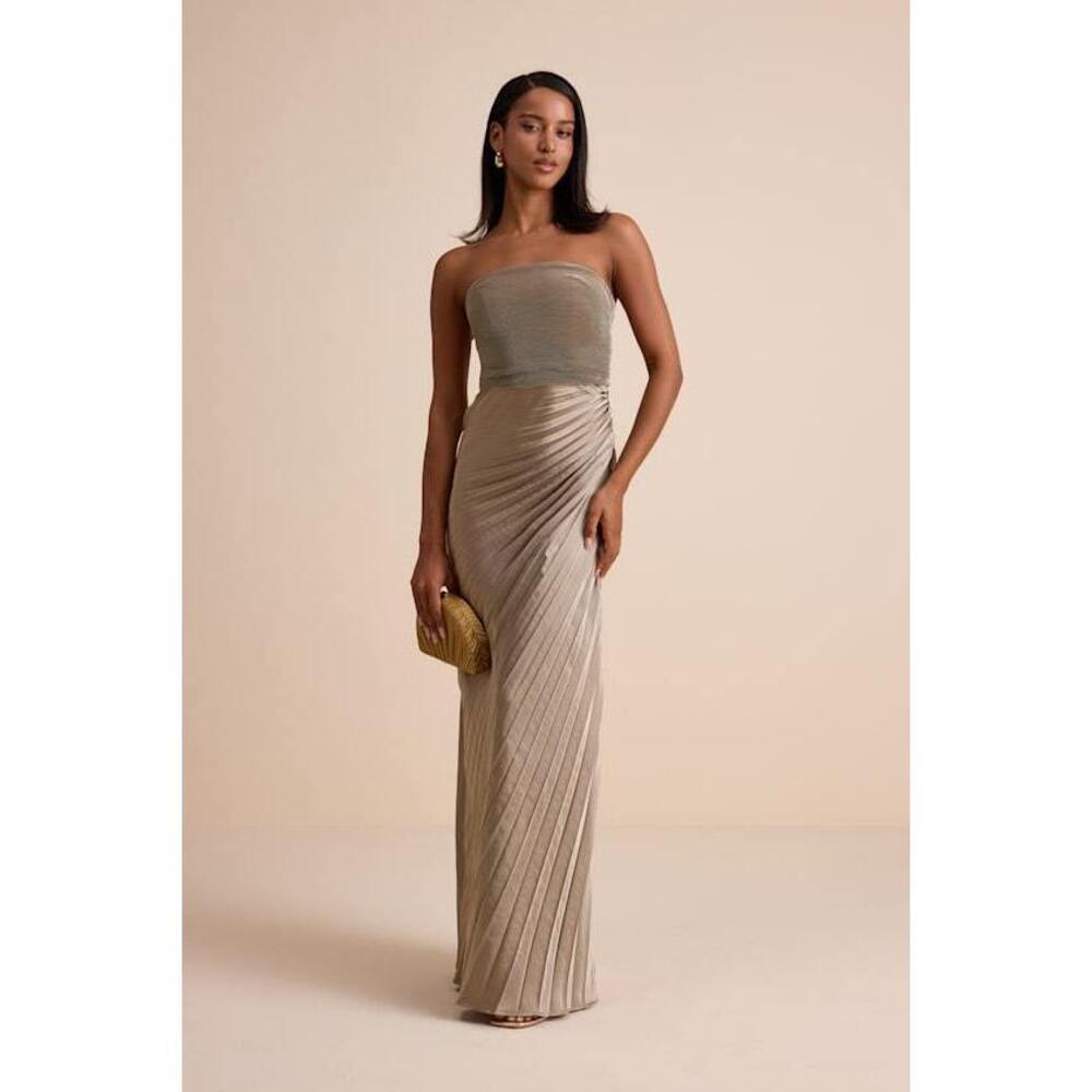 Lulus Nyrah Taupe Satin Pleated Strapless Maxi Dress - Size XS